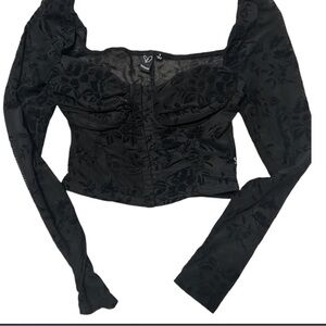 Vintage Black Flocked Floral Corset-Style Long Sleeve Top